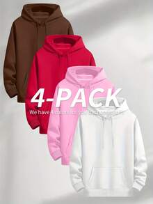 4pcs Women's Casual Hooded Sweatshirt - Women's Outdoor Sweatshirt, Solid Color, Regular Fit, Long Sleeve, Front Pocket Pullover, Versatile For Office And Casual Wear, Street Style Essential, Minimalist Design, Durable Construction, Unisex Style, Urban Style, Suitable For Holiday Gifts - 彩色 - 查看 19