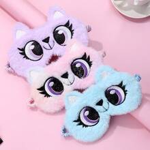 3pcs/Set Girls Polyester Pink & Blue Plush Cute Cat Animal Embroidered Sleep Mask, Suitable For Winter Rest - Multicolor - View 6