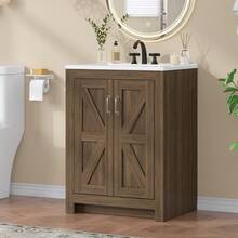 ONBRILL Vabches Bathroom Vanity With Sink Set,  24 Inch / 30 Inch Modern Bathroom Cabinet With Ceramic Basin & Doors, Freestanding Storage Cabinet With Adjustable Shelf, Vintage Vanity With Ceramic Sink - 駝色 - 查看 1