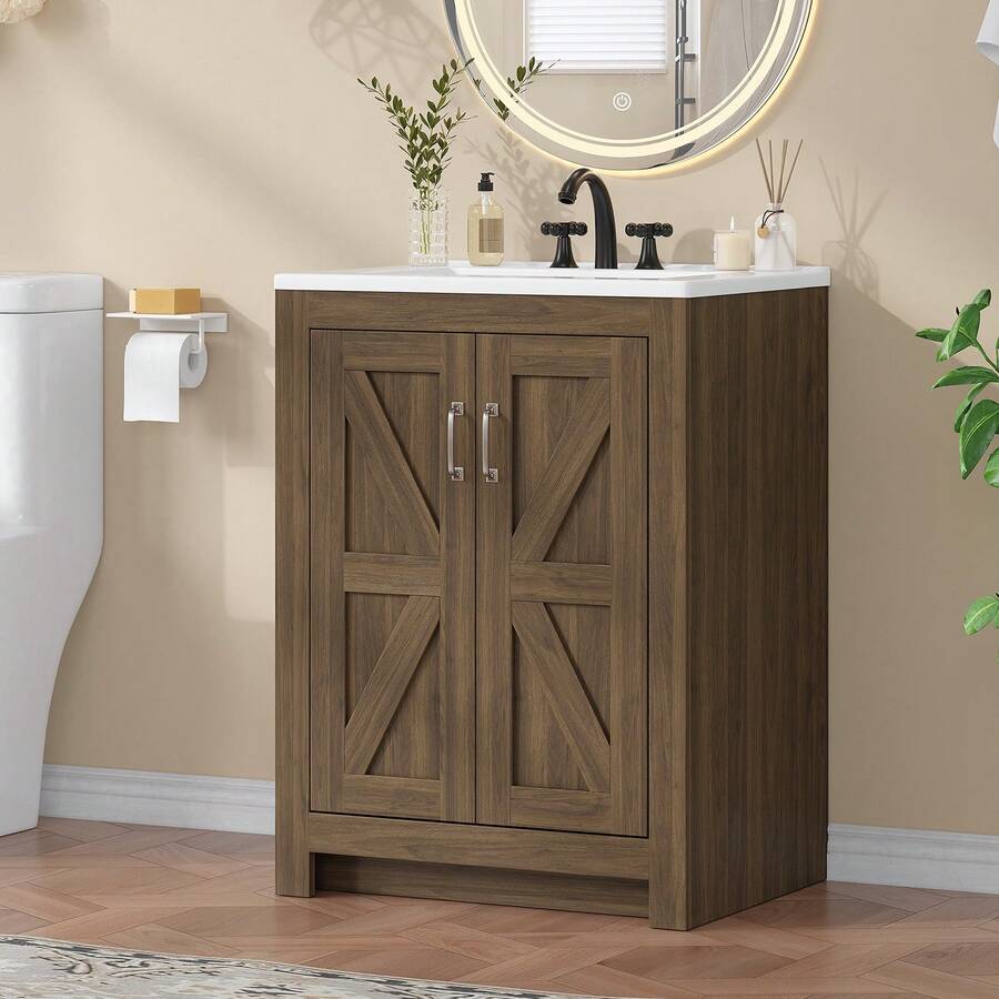ONBRILL Vabches Bathroom Vanity With Sink Set,  24 Inch / 30 Inch Modern Bathroom Cabinet With Ceramic Basin & Doors, Freestanding Storage Cabinet With Adjustable Shelf, Vintage Vanity With Ceramic Sink - 駝色 - 查看 1