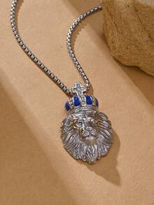 1pc 18K Gold Plated Fashion Hip Hop Style Cubic Zirconia Inlaid Blue Enamel Cross & Crown Lion Stainless Steel Necklace Party Styling Accessory - Lion - View 7