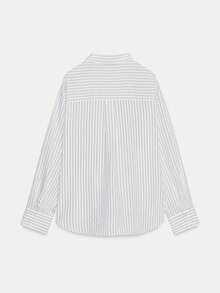 女士时尚休闲条纹黑白刺绣衬衫，翻领，带口袋，纽扣前襟，优雅通勤装，春夏新款