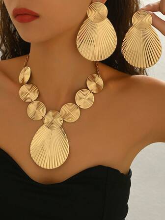 2件套 时尚简约个性休闲夸张欧美几何水滴耳环项链套装