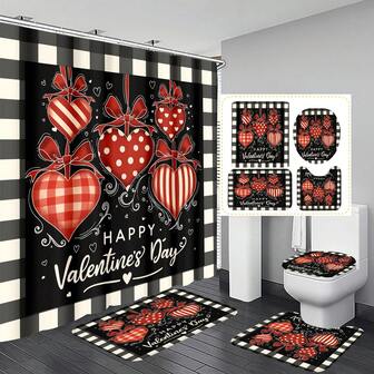1pc/4pcs Valentine's Day Decor Shower Curtain Set, Heart Plaid Bow Romantic Red Black White Shower Curtain And Rug, Washable Bathroom Shower Home Decor With 12 Hooks Non-Slip Bath Mat U-Shaped Toilet Seat Cover