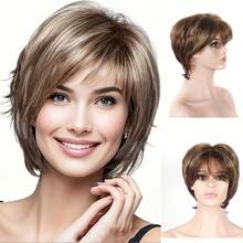 Peruca elegante, cabelo curto de elfa, penteado de estudante com gradiente dourado, bobo tingido no topo da cabeça, capa de peruca de fibra sintética com dobradiça para dentro, densidade de 150%, fibra sintética, adequada para mulheres brancas, perucas femininas