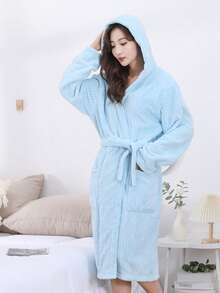 1pc Women Student Solid Color Jacquard Coral Fleece Soft Absorbent Warm Casual Home Cute Hooded Bathrobe Bath Robe Morning Robe Long Robe Loungewear Bathing Swimming Travel Personal Use Gift - Multicolor - View 13