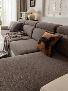 1pc Teddy Plush Solid Color Sofa Cover, Elastic Wrap-Around, Warm & Comfortable, Simple Ins Style, Pet-Friendly Anti-Slip Anti-Dirt Elastic Washable Sofa Slipcover, Suitable For L-Shaped Sofa 1/2/3/4 Seats, For Living Room, Bedroom, Study - Brown - View 2