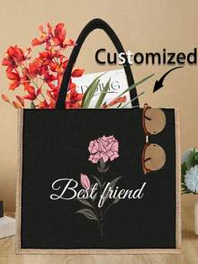 One Custom Linen Tote Bag, Customizable Design Available. Women's Shopping Tote Bag, Linen Material, Unique Design (Photos, Landscapes, Illustrations), Foldable, Large Capacity, Lightweight, Stylish, Personalized, Multi-Purpose, Colorful, Cute, Adorable, Kawaii, Millennial Style. Suitable For Vacation/Leisure, Commuting, Business Casual, Travel, Large Tote Bag. Perfect For Girlfriends, Boyfriends, Family, Friends, Outdoor/Outing/Travel/Hiking/Sports/Rock Climbing, Business/Commuting/Work/Office, Vacation. - Khaki - View 9