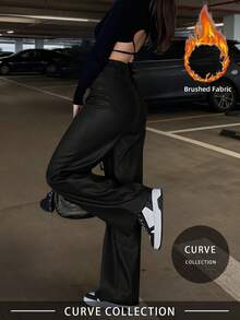 大码女式哑光PU涂层阔腿裤，高腰时尚休闲直筒裤，适合派对、通勤、度假、外出、春夏穿着，Y2K风格，适合派对、通勤、度假、节日、户外活动，适合高个女性，黑色，长裤 - 黑色 - 查看 4