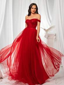 Đầm dạ hội VIPGIRL màu đỏ xuyên thấu quyến rũ, hở vai, với phần thân áo ôm sát đính hạt - Đầm dạ hội trang trọng, thanh lịch dành cho những dịp đặc biệt. - Đỏ - Xem 1