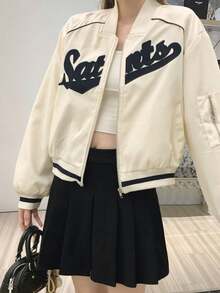 Jaket Varsity Wanita Bergaya Vintage dengan Bordir, Hiasan Huruf Warna Kontras, dan Resleting, Desain Baru, Jaket Lengan Panjang Longgar Pendek untuk Musim Semi. - Aprikot - View 3