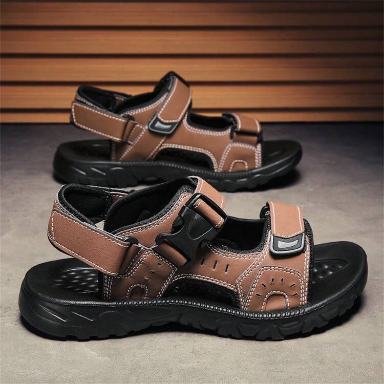 Men's All-Season Sandals, Fashionable Outdoor Sports Sandals For Summer, Adjustable Hook & Loop Closure Design, Outdoor Casual Men's Shoes, Flat Sandals - Brown - View 7