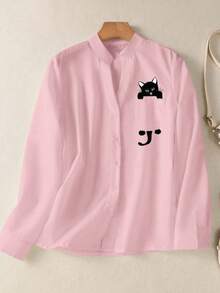 Camisa de mujer con estampado divertido de gato, blusa de manga larga con botones y bolsillos falsos, adecuada para la oficina, uso casual, diario y en otoño, invierno y primavera en color rosa - Rosa - Ver 2