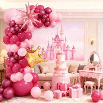 111 st prinsesstema födelsedagsballongfestdekoration båge ballongkedja set, 22" rosa explosionsstjärna, guldkrona i kombination med metalliskt rosa ballonger, perfekt för flickors födelsedagsfest, möhippa, årsdag, alla hjärtans dag festdekoration