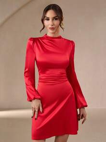 女士优雅简约浪漫甜美荷叶边A字迷你连衣裙，适合通勤、婚礼、派对、音乐节、度假等场合 - 红色长袖，毕业典礼、教师装、秋季女装、复古风、办公室女装、秋季女装 - 紅色 - 查看 4