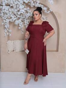 Women's Plus Size Midi Dress With Lined Square Neckline, Short Sleeves, Shoulder Tie, Padded Cups And Elastic Back In Duna Linen - Elegant Fashion Party Dress - 酒紅色 - 查看 5