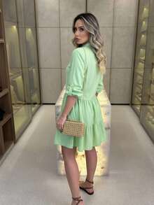 Women's Striped Midi Dress With Shirt Collar And Bishop Sleeves, Casual, With Buttons, Asymmetrical Hem, Summer And Beach. - 綠色 - 查看 4
