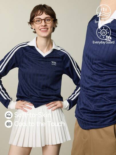  UMAMIISM Women's Elegant Top Vintage Striped Casual V-Neck Contrast Color Lightweight Polo Shirt, Women's Long Sleeve Blue T-Shirt