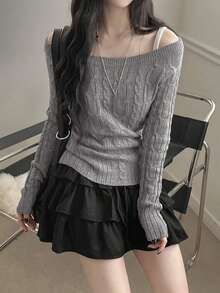 韩式时尚秋冬多穿斜肩露肩扭结修身长袖针织上衣