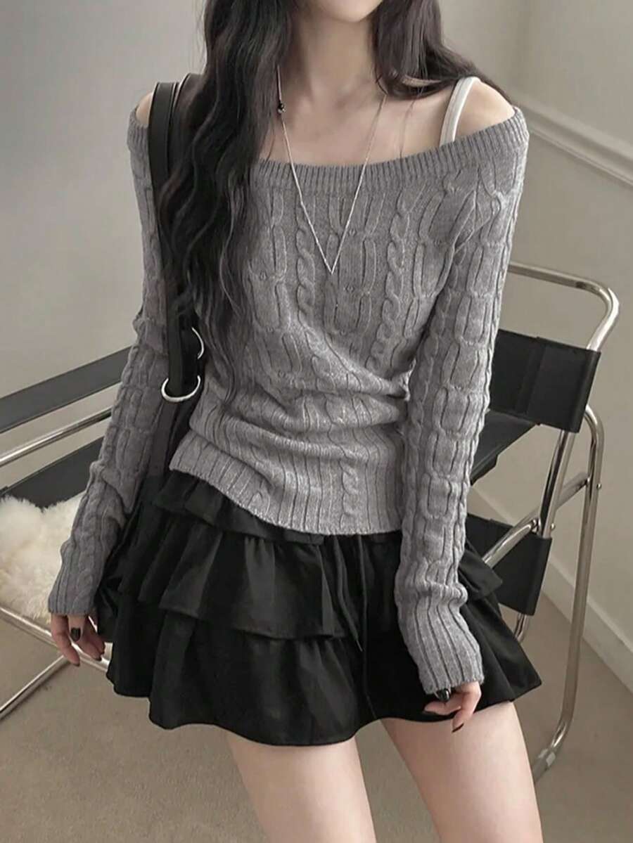 韩式时尚秋冬多穿斜肩露肩扭结修身长袖针织上衣