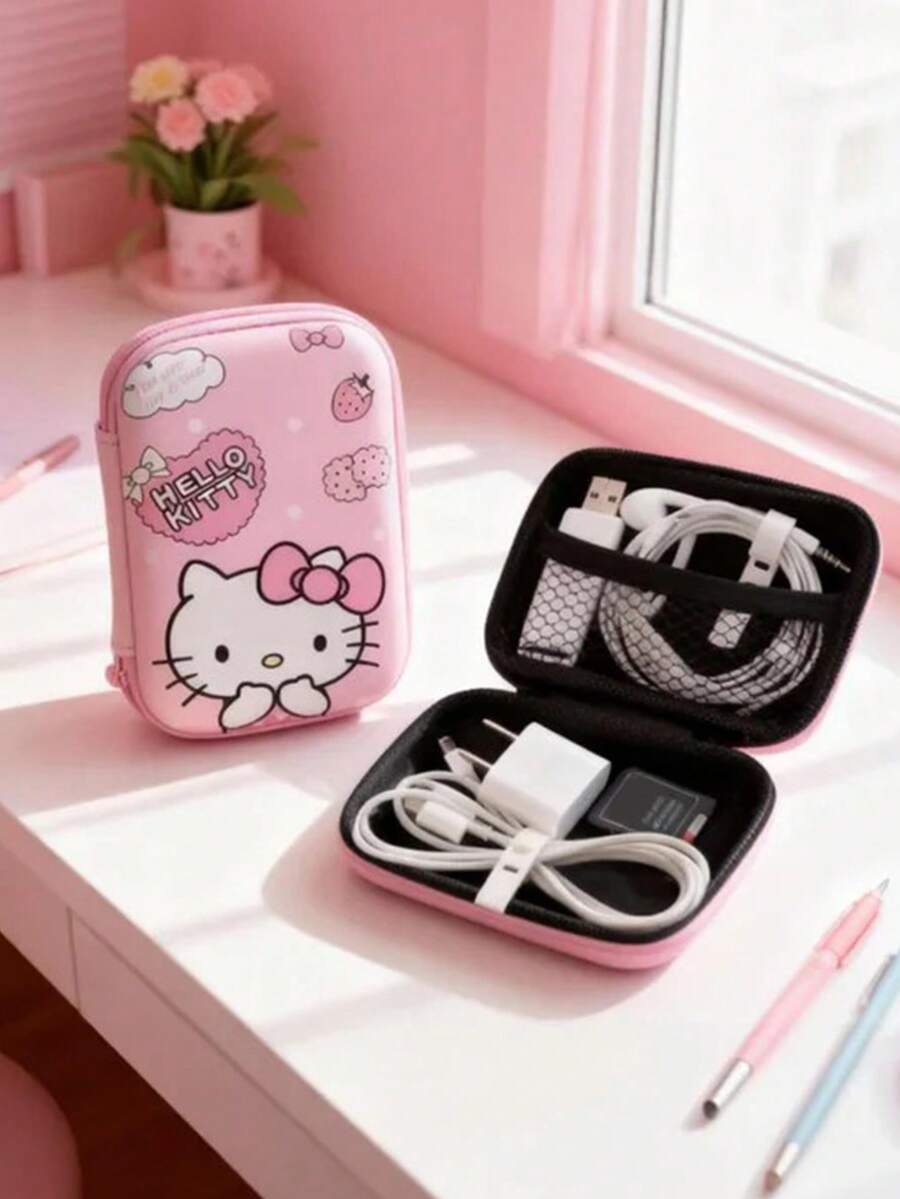 Sanrio 三丽鸥Hello Kitty卡通创意数据线收纳袋，可收纳手机充电器、耳机、U盘、钱包、蓝牙耳机等，便携式收纳盒，EVA材质收纳袋