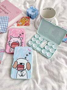 隐形眼镜浸泡收纳套装，含涂鸦动物隐形眼镜盒、隐形眼镜盒、镜片收纳盒，适合旅行和居家使用。