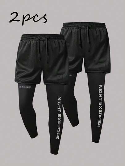 【早春/夏季新品上市】两件套运动风春夏卫裤，字母印花，二合一设计，网眼面料，抽绳设计，男士运动紧身裤