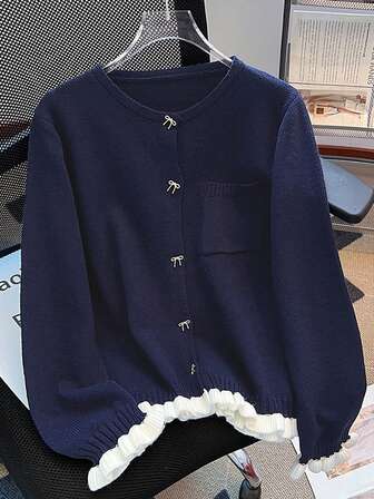 Women's Casual Bow Button Patchwork Contrast Color Pocket Knit Cardigan, Autumn/Winter