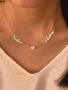 Collar personalizado con corazón hueco y cadena de acero inoxidable, joyería personalizada, collar con colgante de placa con nombre hecho a mano para hombres, regalo para el mejor amigo - Dos nombres + corazón - Ver 2