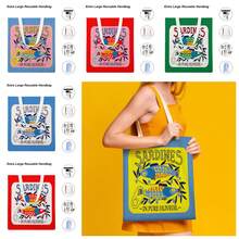 Fashionable Sardine Print Canvas Bag, Sardine Themed, Unisex Large Capacity Shoulder Bag, Shopping Bag, Lightweight Travel Luggage Bag, Reusable Student Commuter Canvas Bag, Suitable As Birthday Gift For Family And Friends - Multicolor - View 13