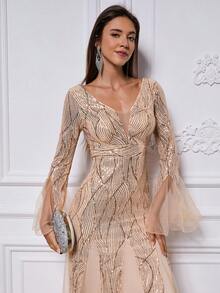 女士V领亮片撞色网纱优雅收腰喇叭长袖长款正式晚礼服、派对礼服、婚礼宾客礼服 - 金色 - 查看 6