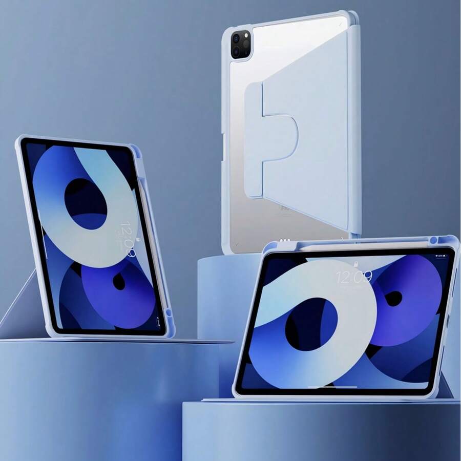 TenYide 1 pièce Support rotatif à 360° en acrylique pour tablette, coque arrière en acrylique résistante aux rayures et aux pliures avec fente pour stylet, mise en veille/réveil magnétique, compatible avec les séries iPad / MatePad / Honor Pad, plusieurs couleurs disponibles - Bleu ciel - Voir 1