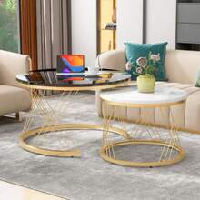 Set Of 2 Modern Nesting Coffee Tables, Marble Veneer, Nesting Style, Round, With Gold Frame. - Light Grey - View 2