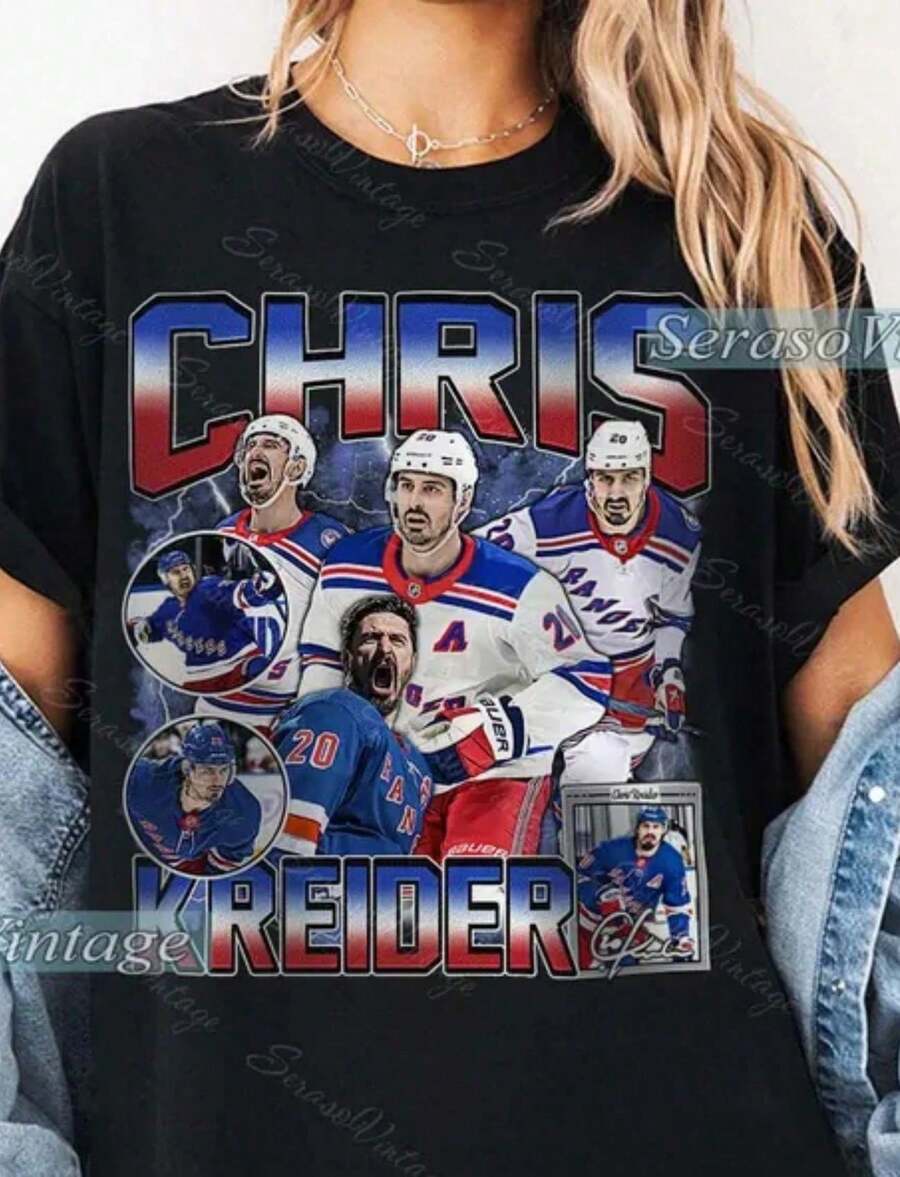 Chris Kreider Shirt New York Hockey Sweatshirt Hockey Fan Shirt Kreider T-Shirt Bootleg Rap Tee Hockey Player Tshirt - 黑色 - 查看 1