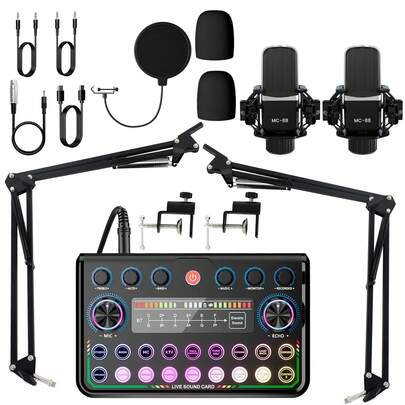 Podcast Equipment Bundle With Audio Interface, Audio Interface With Voice Changer Condenser Microphones For Gamer, Condenser Karaoke Microphone, Mic Stand And Mic Pop Filter, Streaming Podcast Mic Starter Kit, The #1 Christmas Gift For Podcast Lovers | Complete Equipment Bundle