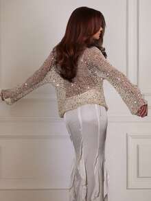 Yuwenier Sexy Hollow Out Sheer Sequin Embellished Crochet Cover-Up Batwing Long Sleeve Loose Fit Tops Rave Party Outfits For Women - Apricot - View 2