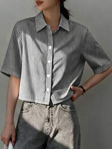 女式交叉不对称纽扣休闲短袖条纹衬衫 - 彩色 - 查看 4