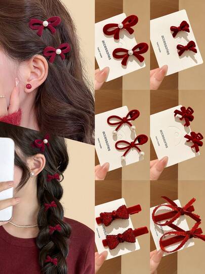 1/2/10pcs New Year Red Faux Pearl Flocked Bow Side Clip, Suitable For Daily Gatherings, Side Bangs, Cute Princess Hairpin, Fashion Accessory, All Seasons, Gift For Girlfriend, Carnival Season, Head Accessories, Hair Accessories For Women