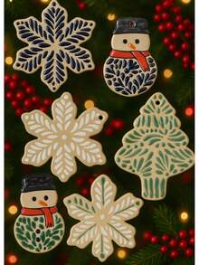 Decoración Navideña de Talavera Artesanal Copos Árbol Muñeco de Nieve Cerámica Pintada a Mano Artesanía Mexicana Adornos para Árbol de Navidad Ornamentación Festiva Alta Calidad Piezas Decorativas Tradicionales - Muñeco verde - Ver 3