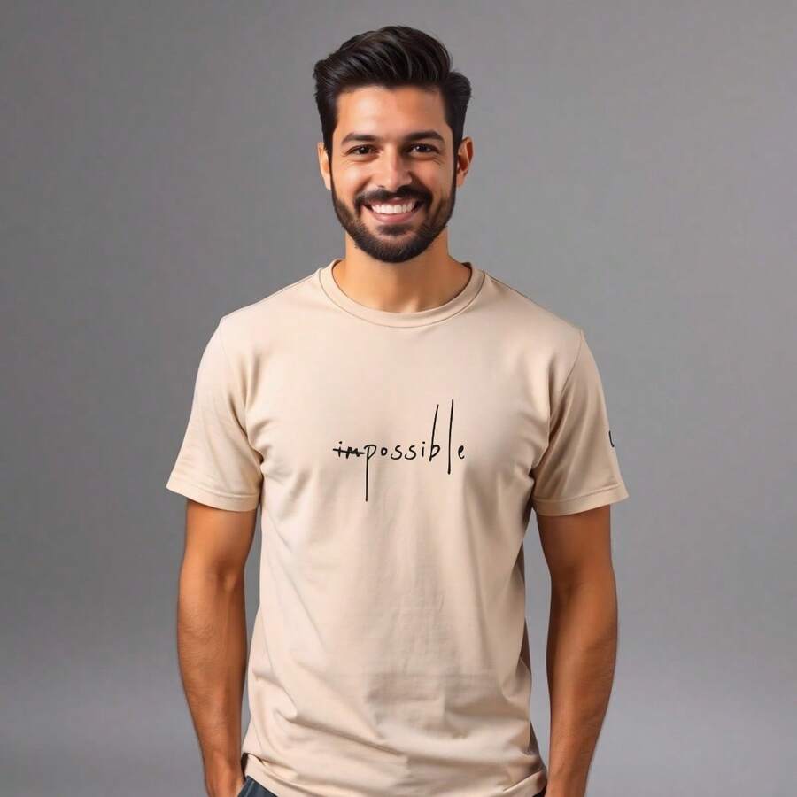 Comfortable Minimalist Printed T-Shirt - Beige - View 1