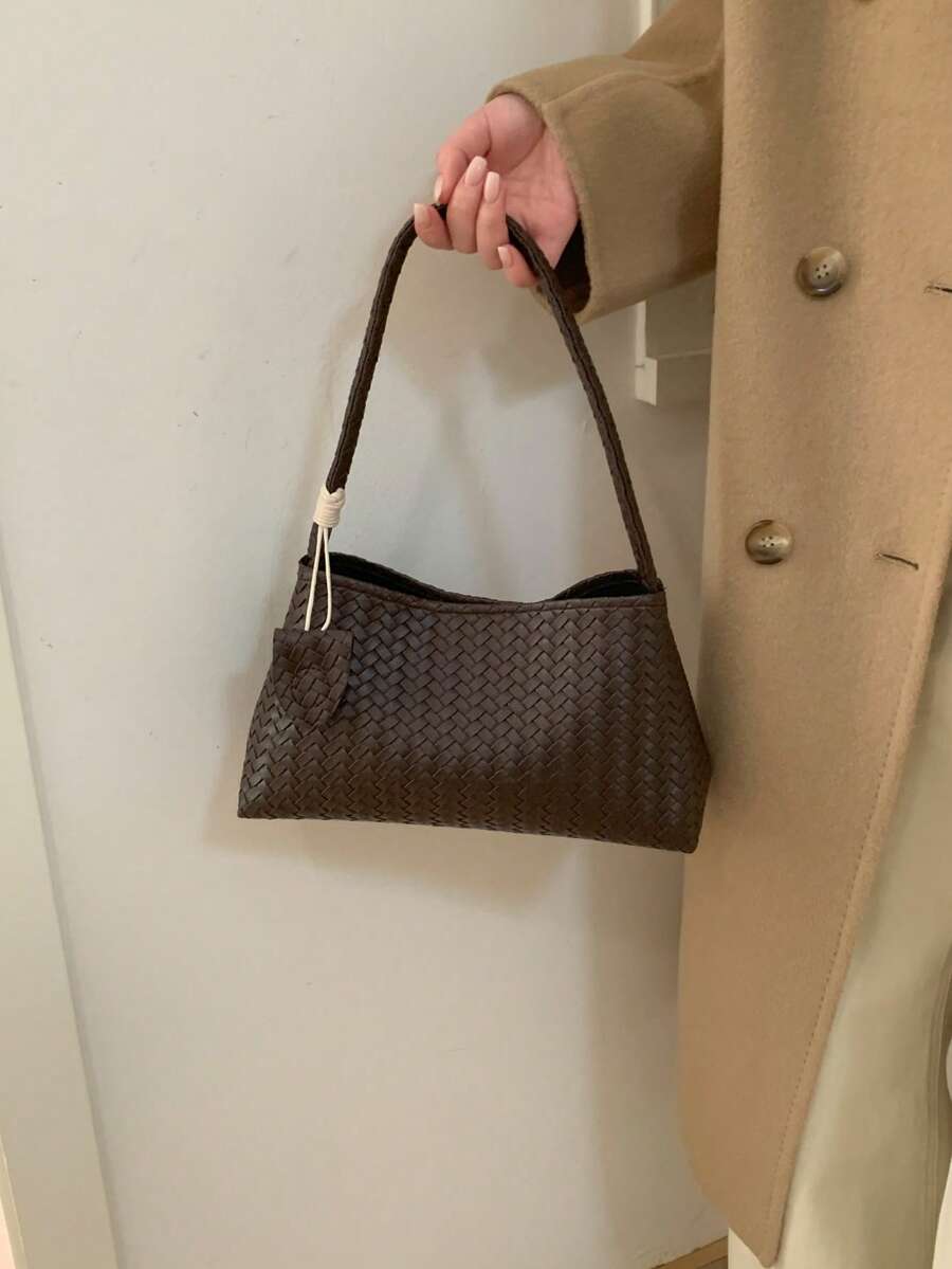 1个新款纯色编织法棍包，PU装饰，时尚女士单肩包，适合日常使用、购物、约会 - 咖啡棕 - 查看 1