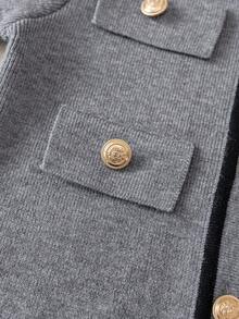 Conjunto de 2 peças: 1 cardigan de malha com bolso falso e cor sólida para meninas e 1 calça de malha também em cor sólida. Ideal para uso diário, férias, primavera, outono e inverno. - Cinza - Ver 4