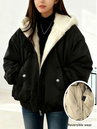 女式超大号连帽派克大衣，仿毛领，修身廓形，双口袋，可双面穿，休闲街头风，秋冬短款夹克