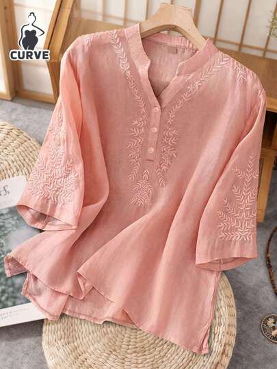 Blusa casual y suelta con detalles bordados para mujer de talla grande, primavera/verano