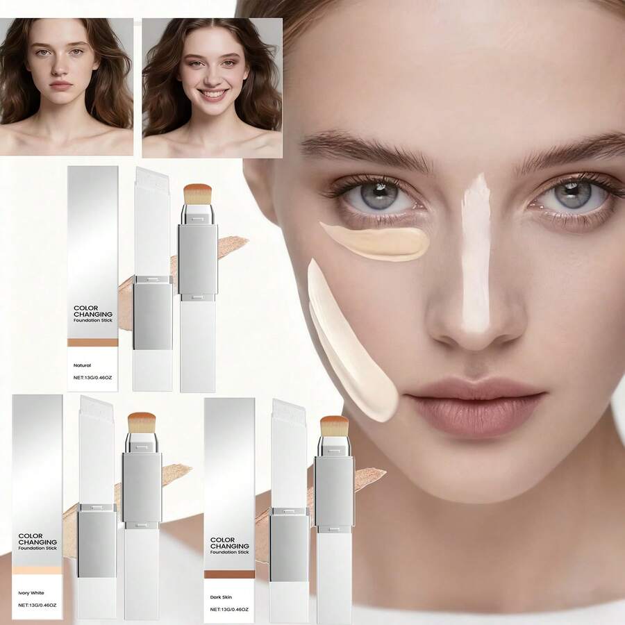 2-In-1 Color Changing Foundation Concealer Stick, Dual-Ended Design With Brush, Buildable Natural To Medium Coverage With A Lightweight, Moisturizing And Smooth Matte Finish, Adapts To Lighter-Darker Beige Tones, Suitable For All Skin Types Including Sensitive & Dry Skin, Travel-Friendly Makeup - 白色 - 查看 1