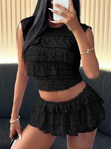 Spring & Summer Knit Lace Jacquard Ruched Round Neck Blouse And Mini Skirt 2pcs Set - Black - View 3