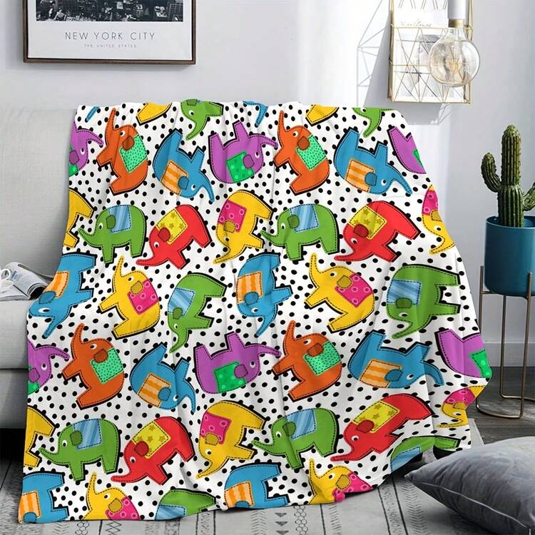 1pc Cute Elephant Pattern Printed Blanket, Washable, Knitted Flannel Blanket, All-Season Multi-Purpose Warm Blanket, Home Bedroom Office Shawl Leg Cover Conditioning Blanket - Grey - View 2