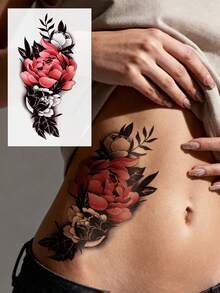 STARTTOOS Hoa mẫu đơn đỏ với họa tiết hoa phong phú và thịnh vượng, miếng dán hình xăm giả tạm thời thích hợp cho cánh tay, đùi, vai, cổ, ngực, lưng tự làm, tiệc hàng ngày, quà tặng lễ hội, chống thấm nước cho cơ thể, miếng dán hình xăm chân thực, 1 gói - Nhiều màu - Xem 3