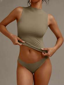 XLLAIS Crew Neck Sleeveless Solid Color Undershirt, Double-Layer Stretchy Slim Fit T-Shirt - Earth Colors - View 2