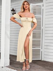 PARTHEA Off-Shoulder Petal Sleeve Slit Thigh Dress Summer Elegant - Apricot - View 5